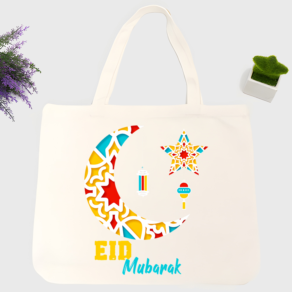 Women Bags For Eid - กระเป๋าผ้าแคนวาสลายพระจันทร์เสี้ยวและดาวสำหรับผู้หญิง สไตล์ลำลอง เหมาะสำหรับการช้อปปิ้งในชีวิตประจำวันและงานเฉลิมฉลองเทศกาลอีฎิ้ลฟิตริ