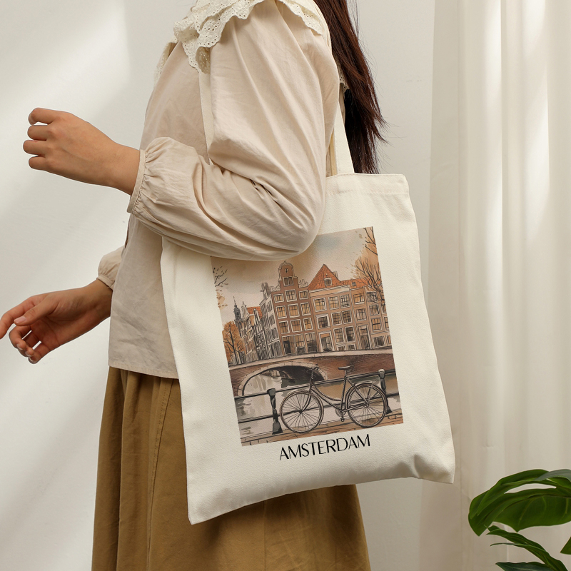 Women Bags Netherlands - กระเป๋าผ้าแคนวาสลายอัมสเตอร์ดัมเนเธอร์แลนด์ที่ทนทาน กระเป๋าสะพายไหล่สำหรับผู้หญิงสไตล์วินเทจ นำกลับมาใช้ใหม่ได้