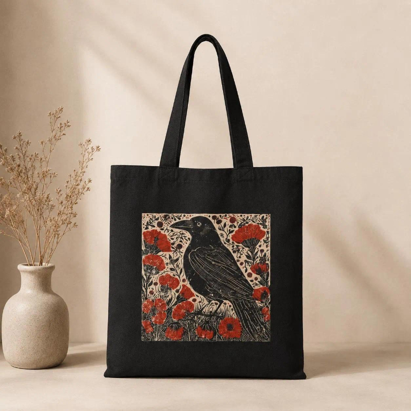 Women Bags Edgars - กระเป๋าผ้าแคนวาสลายอีกา Whimsigoth ลายพิมพ์นก กระเป๋าใส่ของชำ กระเป๋าช้อปปิ้งลายอีกา Edgar