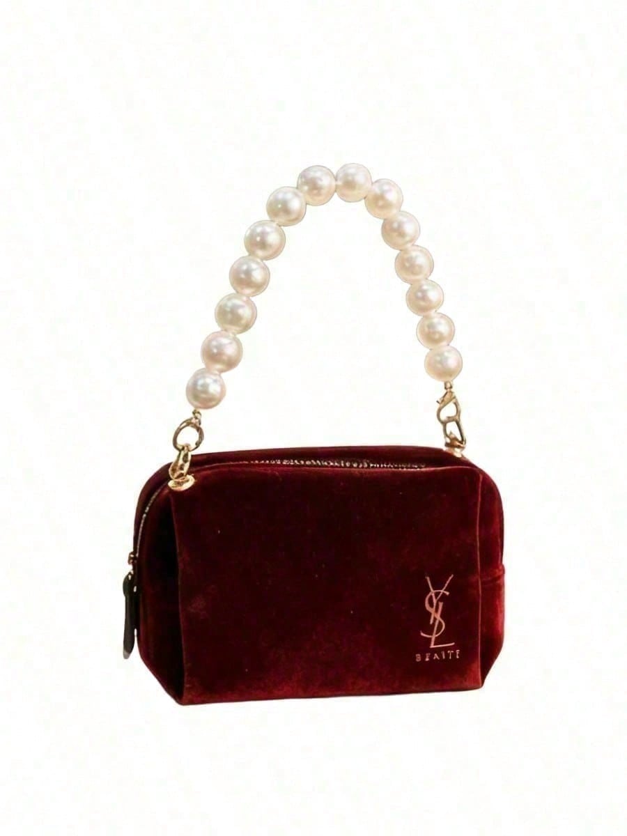 Women'S Ysl Bags Tote - กระเป๋าเครื่องสำอาง YSL สีไวน์แดงกำมะหยี่ พร้อมสายไข่มุกทำมือ กระเป๋าถือผู้หญิง แฟชั่นลำลอง