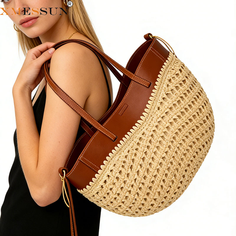 Women Bags Jw Pei - XMESSUN กระเป๋าถือสตรีแบบใหม่ กระเป๋าสะพายแฟชั่น กระเป๋าสะพายไหล่ความจุขนาดใหญ่ กระเป๋าถือชายหาดแบบสาน กระเป๋าถือทรงถังสำหรับฤดูร้อนแบบลำลอง